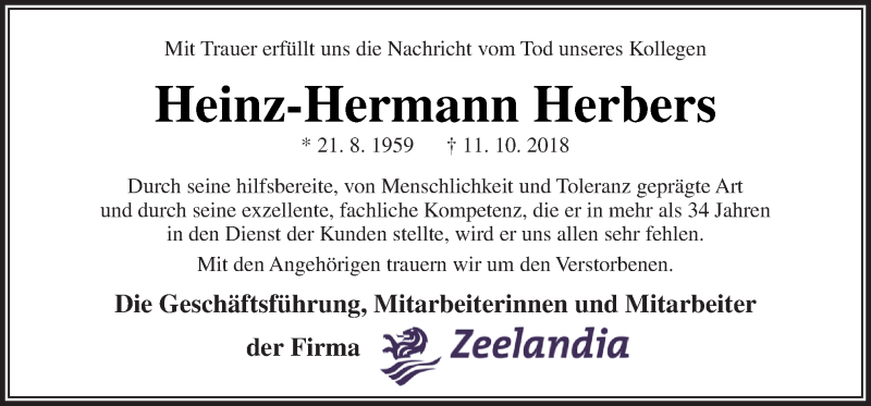  Traueranzeige für Heinz-Hermann Herbers vom 18.10.2018 aus Neue Osnabrücker Zeitung GmbH & Co. KG