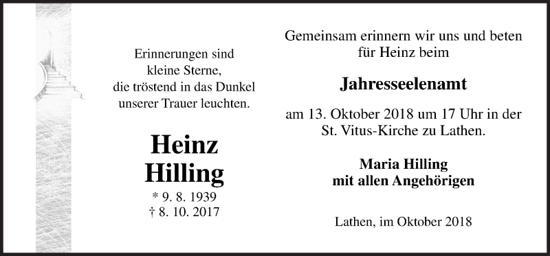  Traueranzeige für Heinz Hilling vom 08.10.2018 aus Neue Osnabrücker Zeitung GmbH & Co. KG