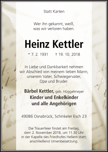 Traueranzeigen Von Heinz Kettler Noz Trauerportal