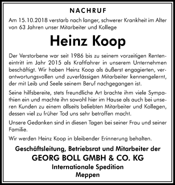 Traueranzeige von Heinz Koop von Neue Osnabrücker Zeitung GmbH & Co. KG