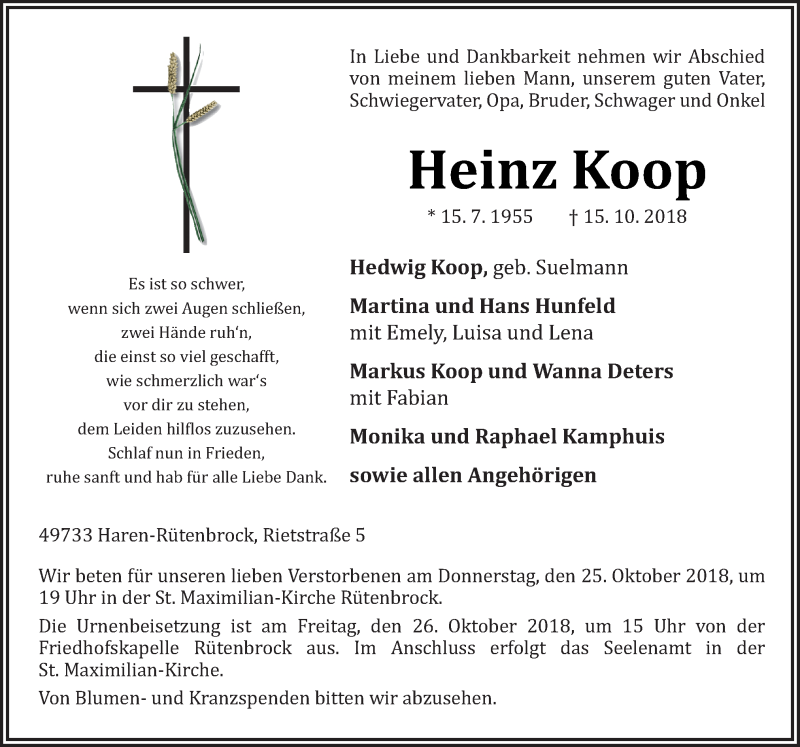  Traueranzeige für Heinz Koop vom 20.10.2018 aus Neue Osnabrücker Zeitung GmbH & Co. KG