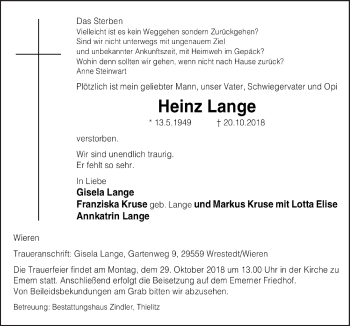 Traueranzeige von Heinz Lange von Neue Osnabrücker Zeitung GmbH & Co. KG