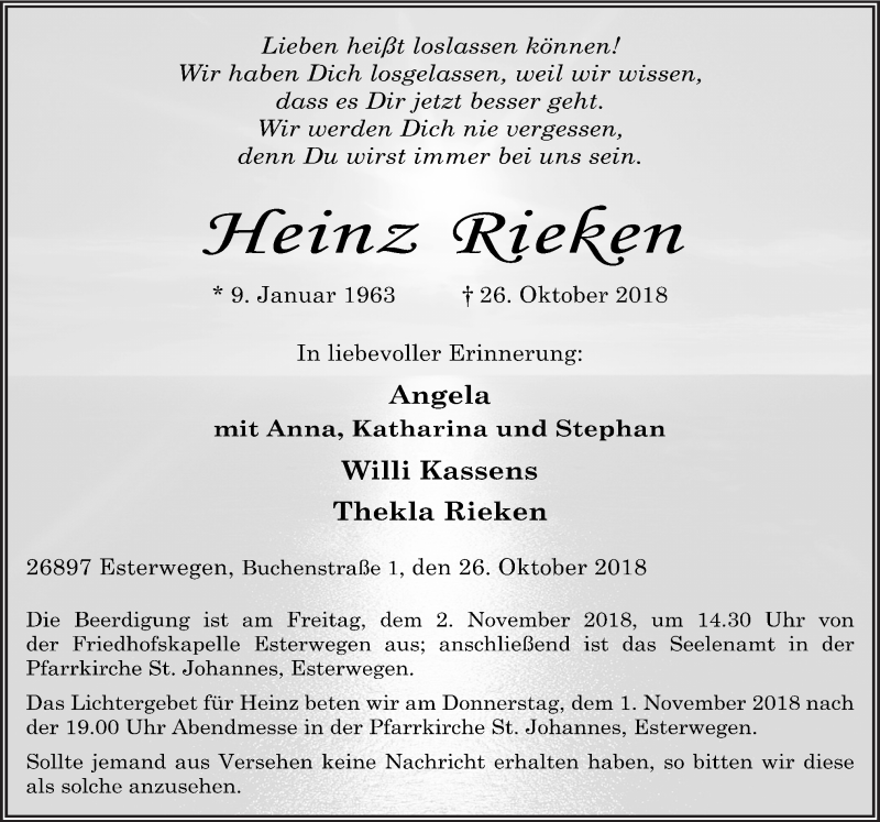  Traueranzeige für Heinz Rieken vom 30.10.2018 aus Neue Osnabrücker Zeitung GmbH & Co. KG