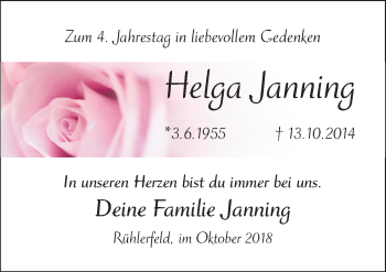 Traueranzeige von Helga Janning von Neue Osnabrücker Zeitung GmbH & Co. KG