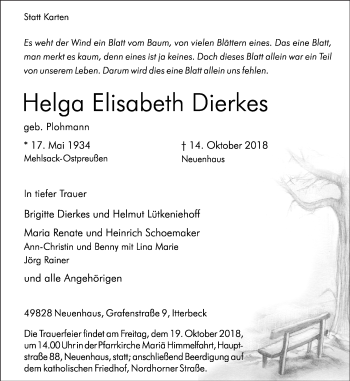 Traueranzeige von Helga Elisabeth Dierkes von Neue Osnabrücker Zeitung GmbH & Co. KG