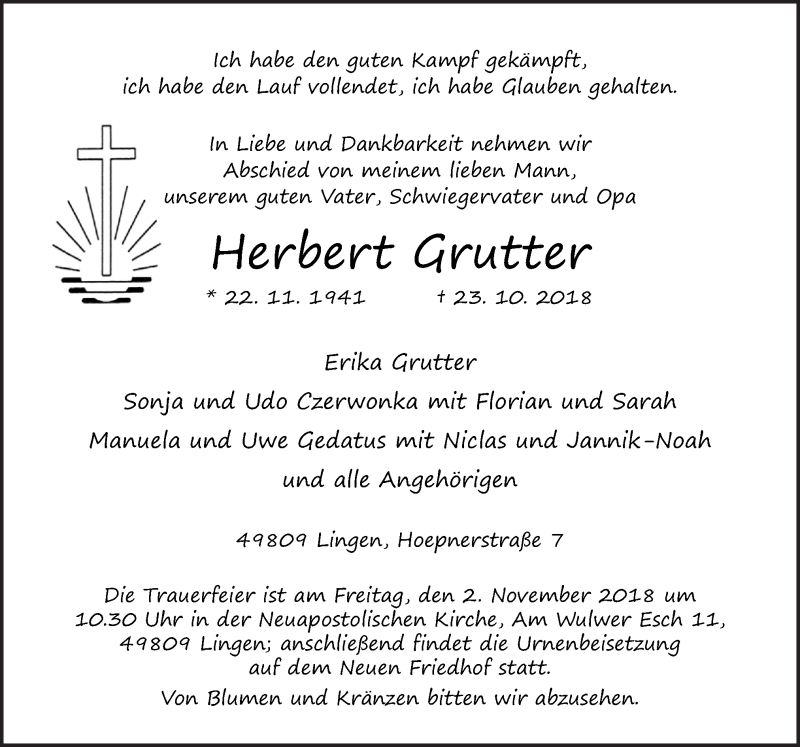  Traueranzeige für Herbert Grutter vom 27.10.2018 aus Neue Osnabrücker Zeitung GmbH & Co. KG