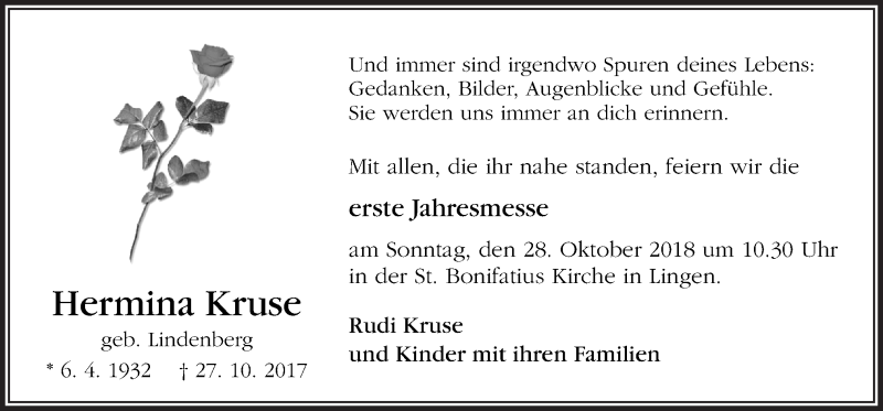  Traueranzeige für Hermina Kruse vom 24.10.2018 aus Neue Osnabrücker Zeitung GmbH & Co. KG