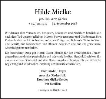 Traueranzeige von Hilde Mielke von Neue Osnabrücker Zeitung GmbH & Co. KG