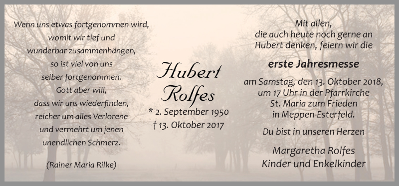  Traueranzeige für Hubert Rolfes vom 06.10.2018 aus Neue Osnabrücker Zeitung GmbH & Co. KG