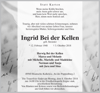 Traueranzeige von Ingrid  Bei der Kellen von Neue Osnabrücker Zeitung GmbH & Co. KG