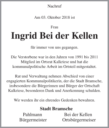 Traueranzeige von Ingrid  Bei der Kellen von Neue Osnabrücker Zeitung GmbH & Co. KG