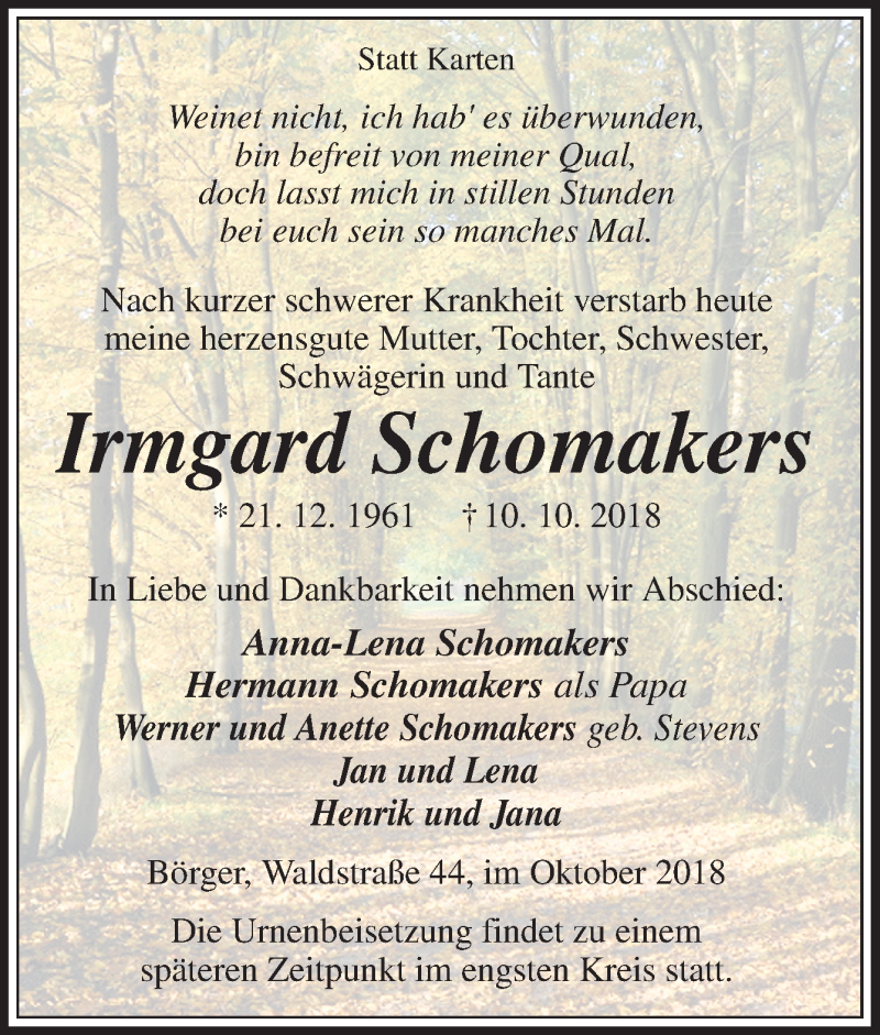  Traueranzeige für Irmgard Schomakers vom 12.10.2018 aus Neue Osnabrücker Zeitung GmbH & Co. KG