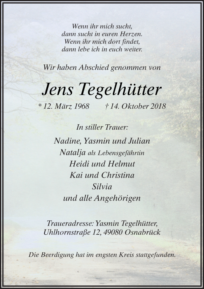  Traueranzeige für Jens Tegelhütter vom 27.10.2018 aus Neue Osnabrücker Zeitung GmbH & Co. KG