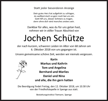 Traueranzeige von Jochen Schütze von Neue Osnabrücker Zeitung GmbH & Co. KG