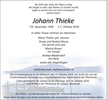 Traueranzeige von Johann Thieke von Neue Osnabrücker Zeitung GmbH & Co. KG