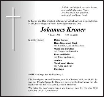 Traueranzeige von Johannes Kroner von Neue Osnabrücker Zeitung GmbH & Co. KG