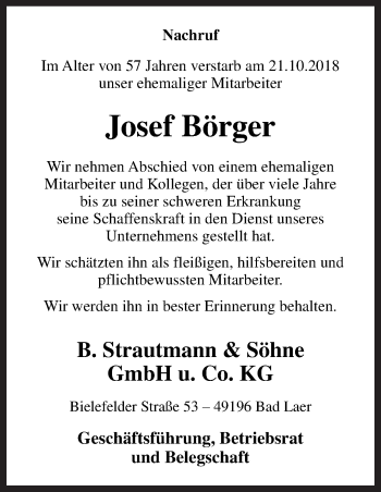 Traueranzeige von Josef Börger von Neue Osnabrücker Zeitung GmbH & Co. KG