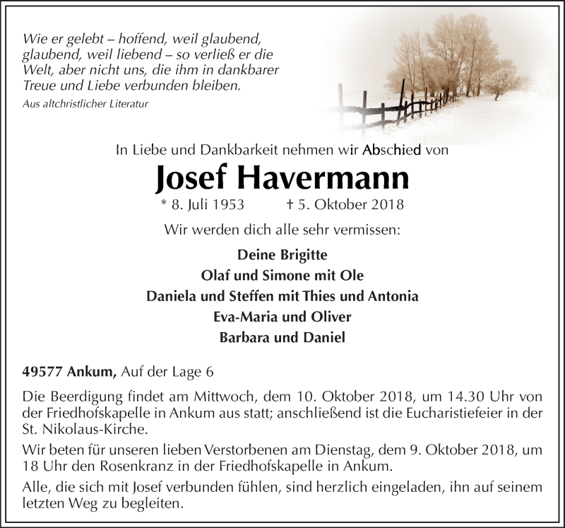  Traueranzeige für Josef Havermann vom 08.10.2018 aus Neue Osnabrücker Zeitung GmbH & Co. KG