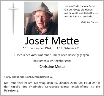 Traueranzeige von Josef Mette von Neue Osnabrücker Zeitung GmbH & Co. KG