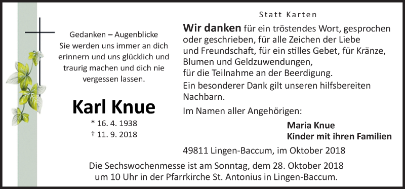  Traueranzeige für Karl Knue vom 23.10.2018 aus Neue Osnabrücker Zeitung GmbH & Co. KG