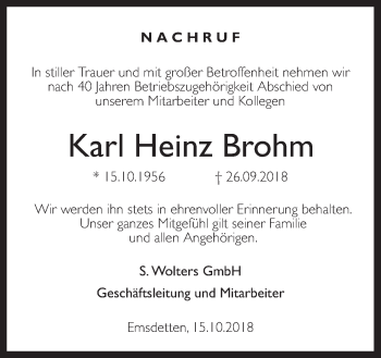 Traueranzeige von Karl Heinz Brohm von Neue Osnabrücker Zeitung GmbH & Co. KG