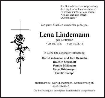 Traueranzeige von Lena Lindemann von Neue Osnabrücker Zeitung GmbH & Co. KG