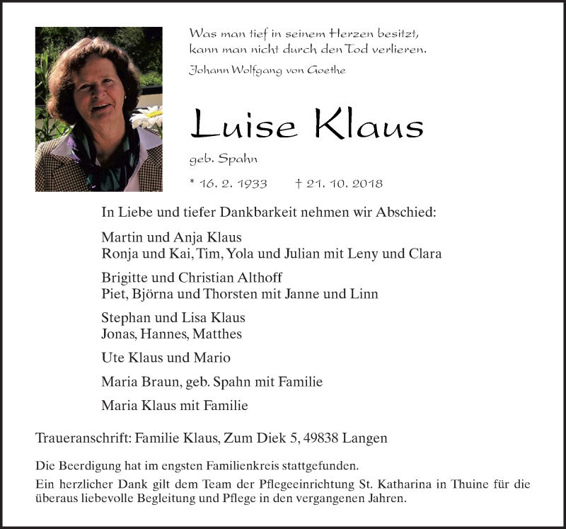  Traueranzeige für Luise Klaus vom 27.10.2018 aus Neue Osnabrücker Zeitung GmbH & Co. KG