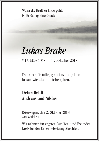 Traueranzeige von Lukas Brake von Neue Osnabrücker Zeitung GmbH & Co. KG