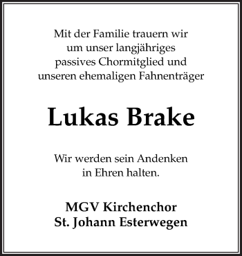 Traueranzeige von Lukas Brake von Neue Osnabrücker Zeitung GmbH & Co. KG