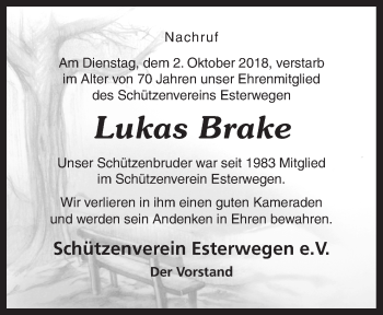 Traueranzeige von Lukas Brake von Neue Osnabrücker Zeitung GmbH & Co. KG