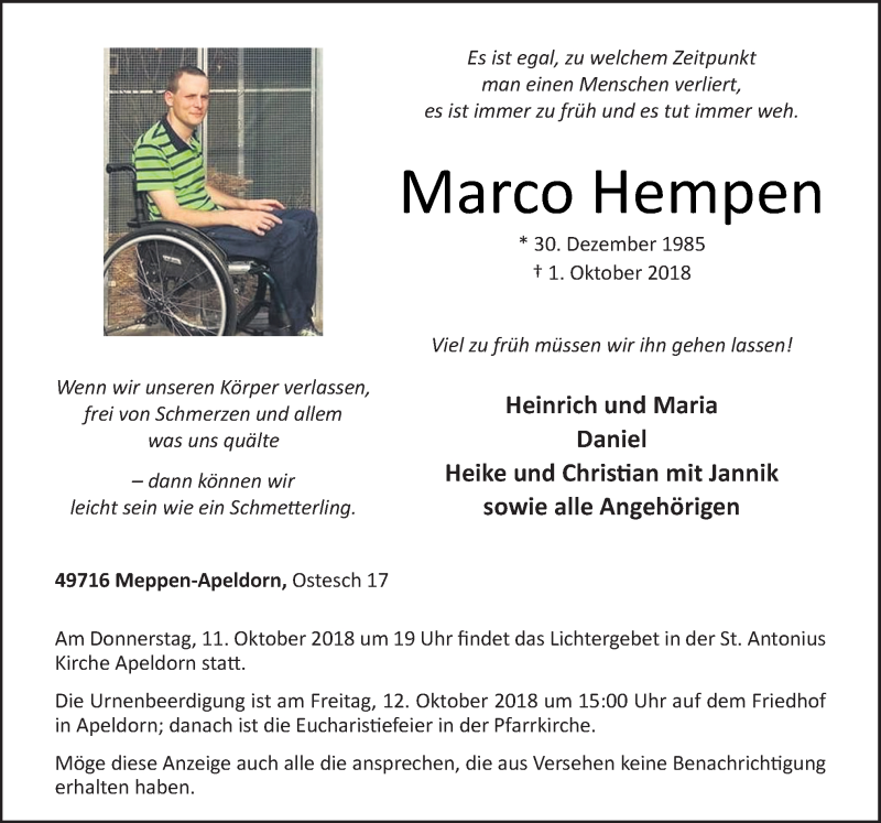 Traueranzeige für Marco Hempen vom 06.10.2018 aus Neue Osnabrücker Zeitung GmbH & Co. KG