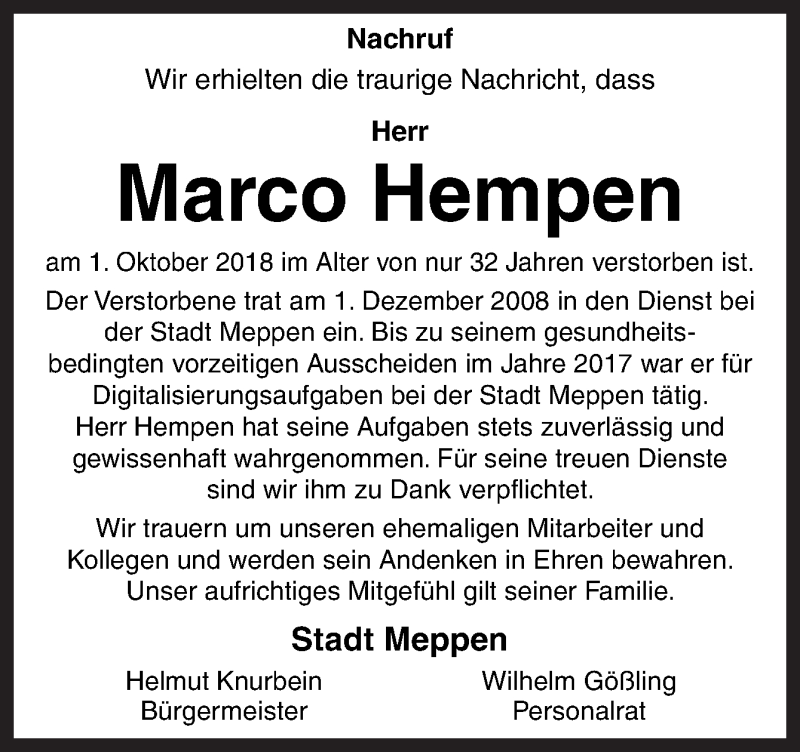  Traueranzeige für Marco Hempen vom 11.10.2018 aus Neue Osnabrücker Zeitung GmbH & Co. KG
