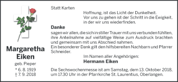 Traueranzeige von Margaretha Eiken von Neue Osnabrücker Zeitung GmbH & Co. KG