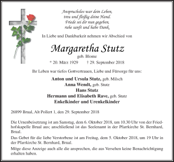 Traueranzeige von Margaretha Stutz von Neue Osnabrücker Zeitung GmbH & Co. KG