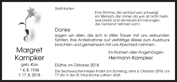 Traueranzeige von Margret Kampker von Neue Osnabrücker Zeitung GmbH & Co. KG