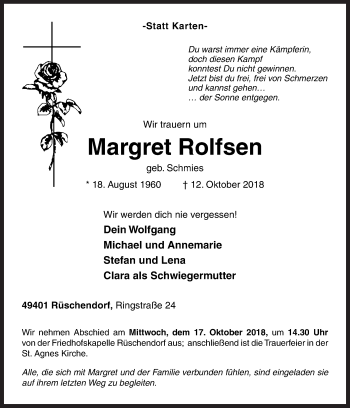 Traueranzeige von Margret Rolfsen von Neue Osnabrücker Zeitung GmbH & Co. KG