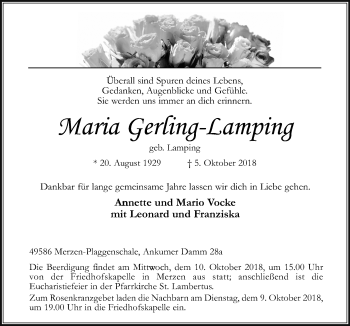 Traueranzeige von Maria Gerling-Lamping von Neue Osnabrücker Zeitung GmbH & Co. KG