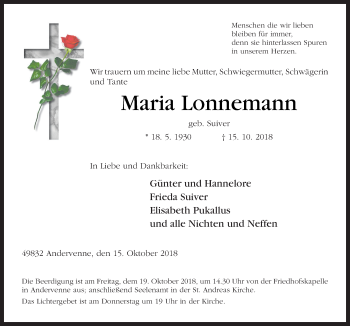 Traueranzeige von Maria Lonnemann von Neue Osnabrücker Zeitung GmbH & Co. KG