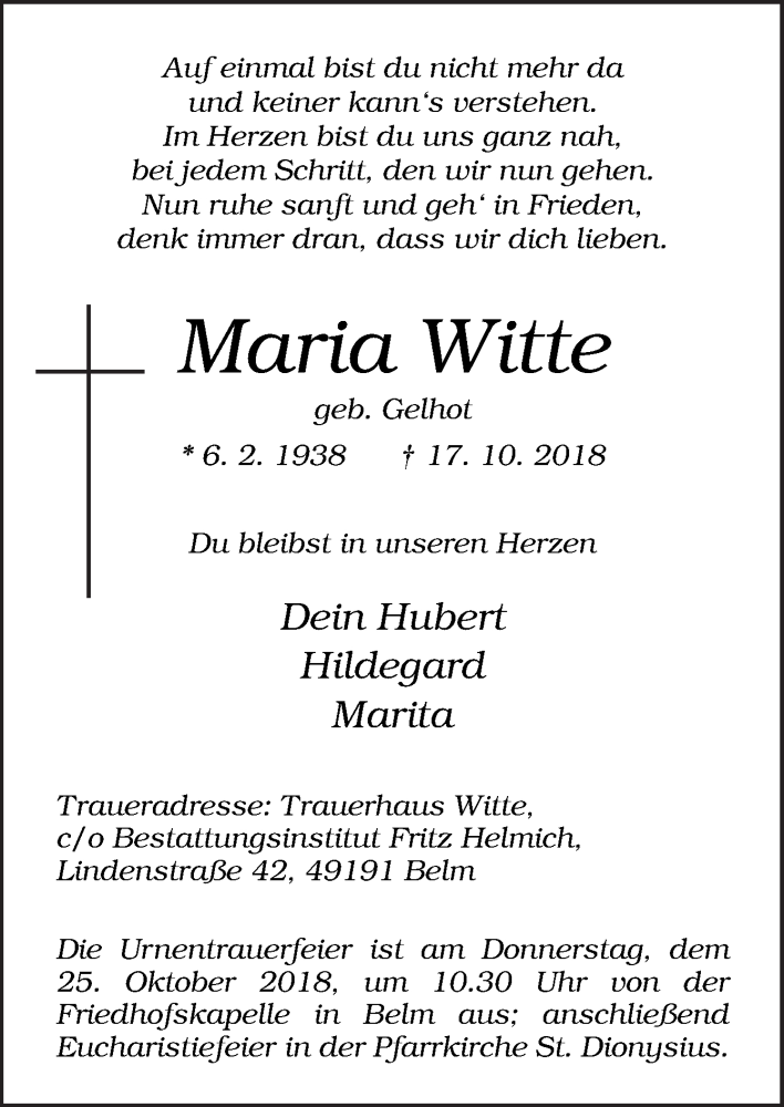  Traueranzeige für Maria Witte vom 22.10.2018 aus Neue Osnabrücker Zeitung GmbH & Co. KG