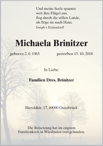 Traueranzeige von Michaela Brinitzer von Neue Osnabrücker Zeitung GmbH & Co. KG
