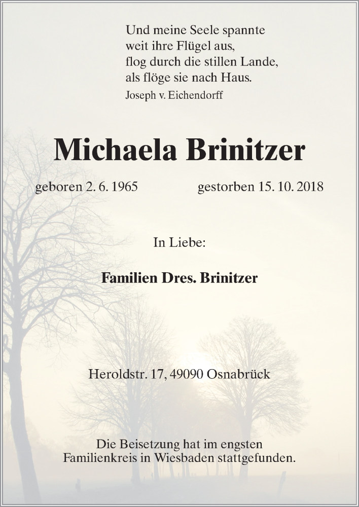  Traueranzeige für Michaela Brinitzer vom 26.10.2018 aus Neue Osnabrücker Zeitung GmbH & Co. KG