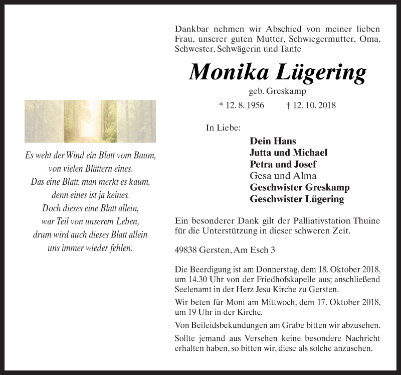  Traueranzeige für Monika Lügering vom 13.10.2018 aus Neue Osnabrücker Zeitung GmbH & Co. KG