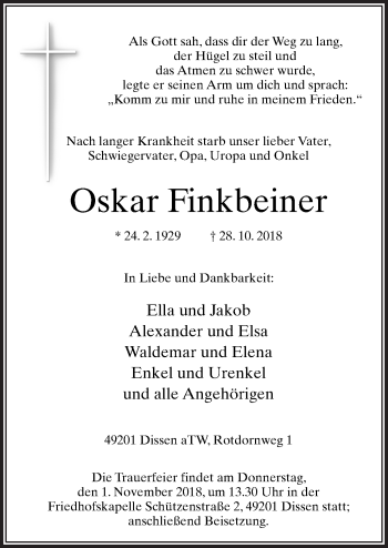 Traueranzeige von Oskar Finkbeiner von Neue Osnabrücker Zeitung GmbH & Co. KG