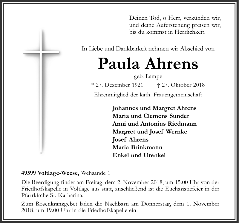  Traueranzeige für Paula Ahrens vom 29.10.2018 aus Neue Osnabrücker Zeitung GmbH & Co. KG
