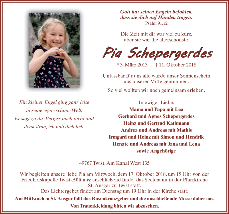  Traueranzeige für Pia Schepergerdes vom 15.10.2018 aus Neue Osnabrücker Zeitung GmbH & Co. KG