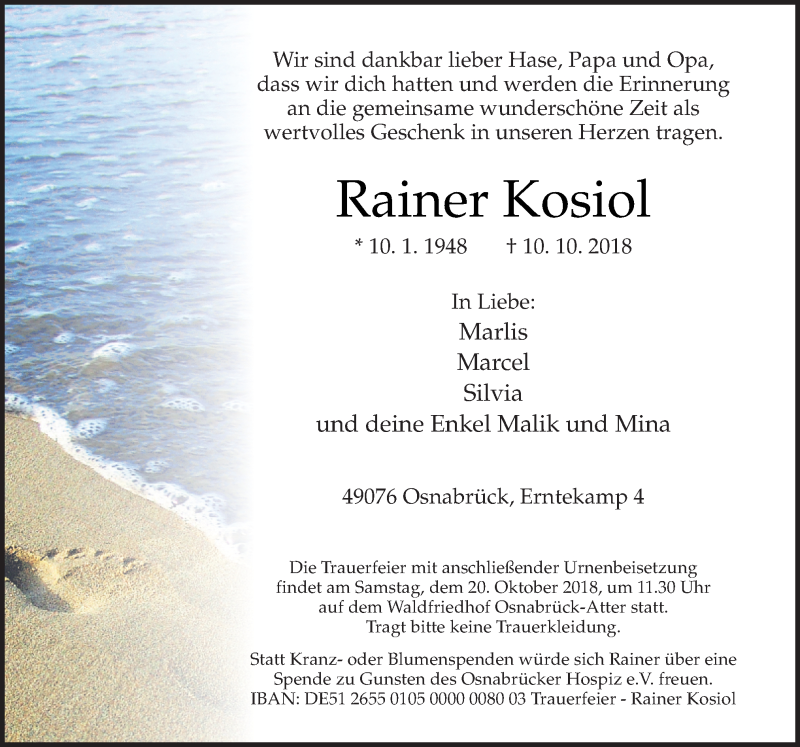  Traueranzeige für Rainer Kosiol vom 13.10.2018 aus Neue Osnabrücker Zeitung GmbH & Co. KG