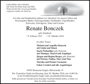 Traueranzeige von Renate Bonczek von Neue Osnabrücker Zeitung GmbH & Co. KG