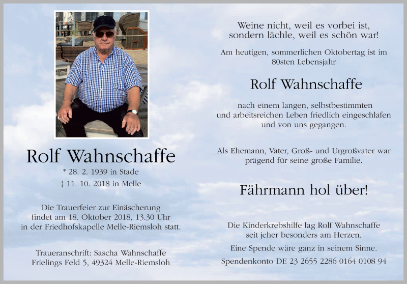  Traueranzeige für Rolf Wahnschaffe vom 15.10.2018 aus Neue Osnabrücker Zeitung GmbH & Co. KG