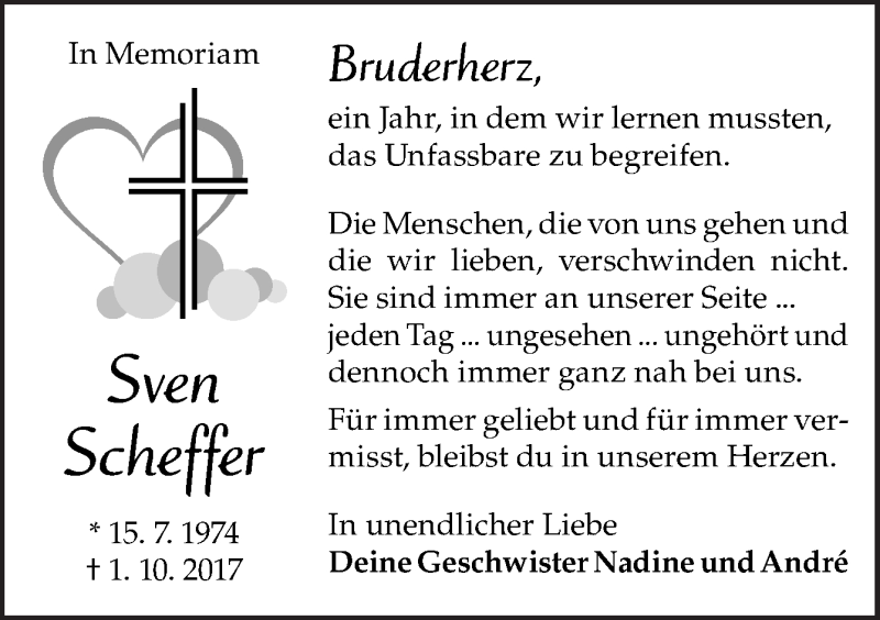  Traueranzeige für Sven Scheffer vom 01.10.2018 aus Neue Osnabrücker Zeitung GmbH & Co. KG