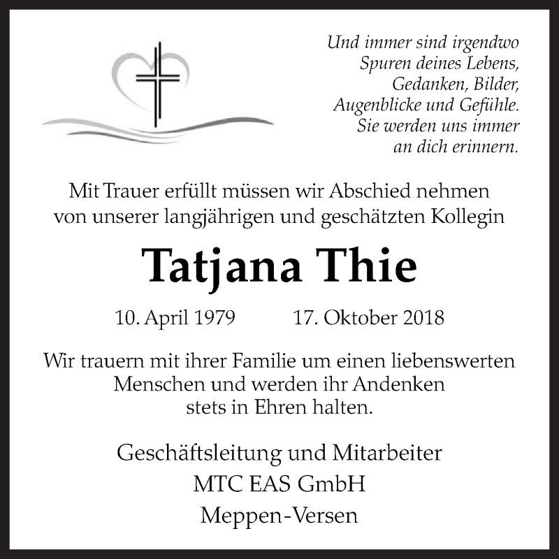  Traueranzeige für Tatjana Thie vom 23.10.2018 aus Neue Osnabrücker Zeitung GmbH & Co. KG